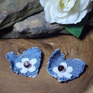 Upcycled Hand Crafted Denim & Lace Earrings Blue Jean Dangle Heart Earrings